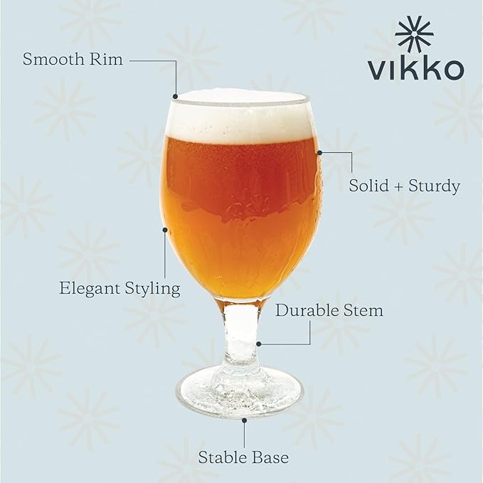 Vikko Beer Glass, Set of 2 Belgian Style Beer Glasses, Large Size 13.5 Ounce, Dishwasher Safe Durable Drinking Glass for Craft Brews, Beer or Water