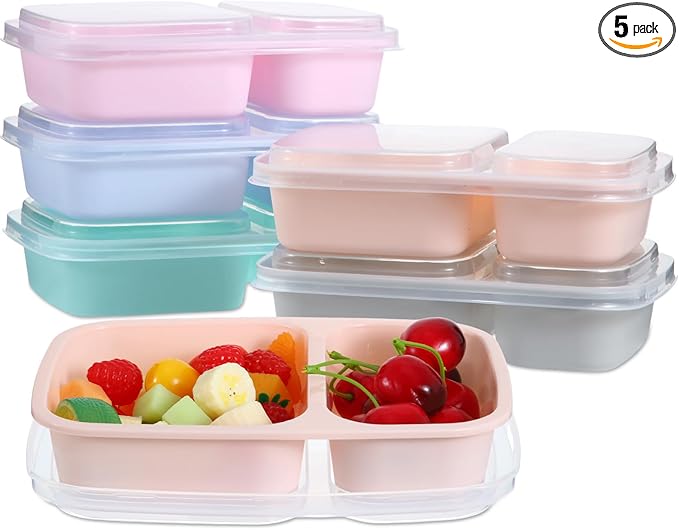 Honeydak 5 Pack Lunchable Snack Containers 2 Compartment Divided Bento Snack Boxes Reusable Meal Prep Containers with Lids Lunch Food Storage Box for School Work Travel(Light Color)