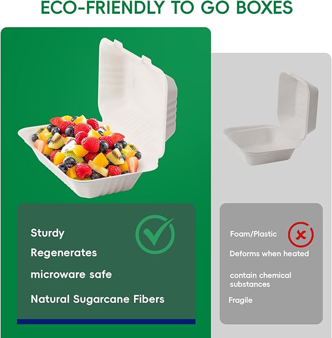 JOLLY CHEF Clamshell Take Out Food Containers, [9 * 6" 75-Pack] To Go Containers Disposable, Sugarcane To Go Boxes for Salad,Lunch
