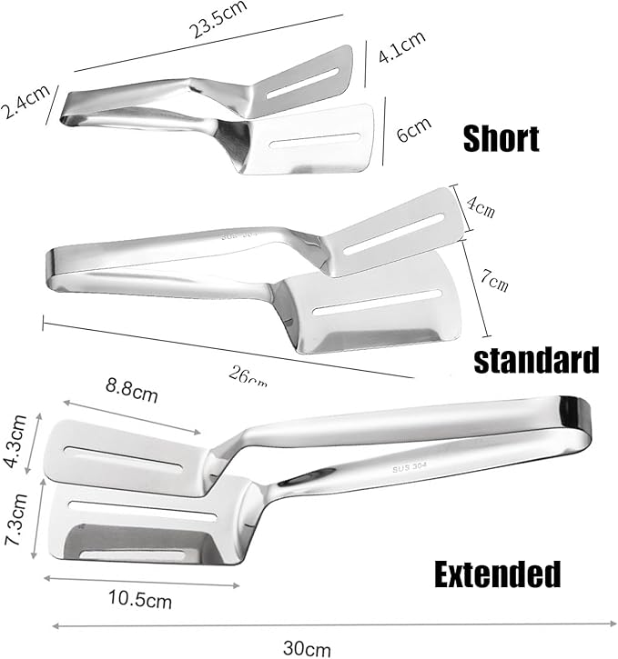 Stainless Steel Grill Clamp, 11.8 in Anti-Scald Extended Handle Spatula Tongs, Multifunctional Stainles Steels Double-Sided Food Flipping Spatula Tongs Clip, for Flipping Steak, Fish (3, A, Extended)
