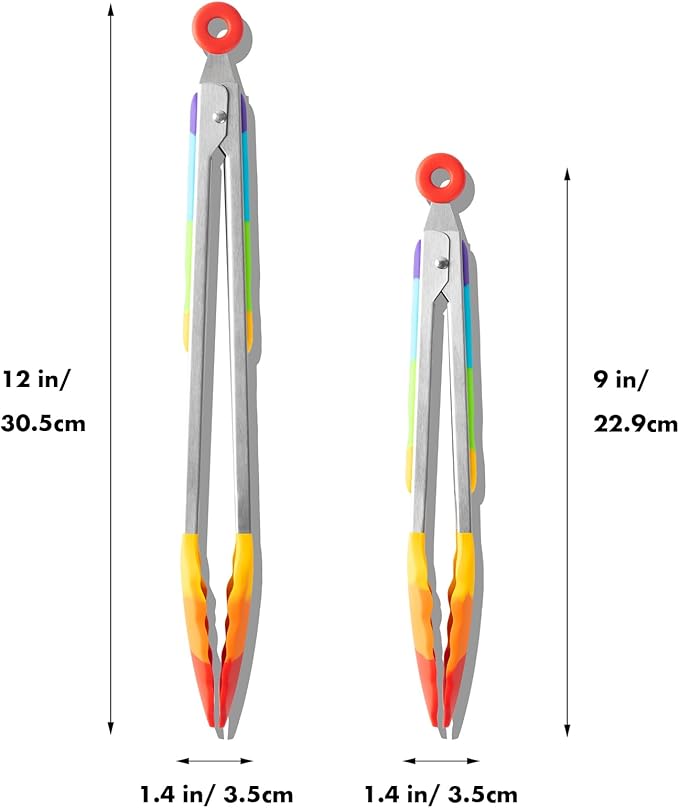 Rainbow Silicone Tongs for Cooking, Heat Resistant Kitchen Tongs for Salad, Grilling, Cooking, 304 Stainless Steel Locking and BPA Free Silicone Tips Set of 2, 9 and 12 Inch