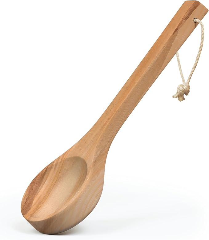 Sauna Ladle - Handmade from Canadian Red Cedar Wood - Natural Rope - 14″ Handle & 3.4 oz (100 mL) Capacity Spoon
