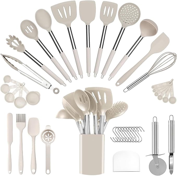 Silicone Cooking Utensils Set Utensil: 40 Pcs Black Stainless Steel Cookware Set, Nonstick Silicone Cooking Utensils Set, (Khaki)