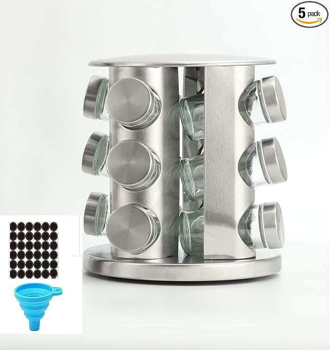 Spice rack-Revolving Spice Rack Set, Kitchen Spice Tower Organizer for Countertop or Cabinet -Desktop Rotating Seasoning Organizer(Stainless Steel) (Silver, 12-Jar)