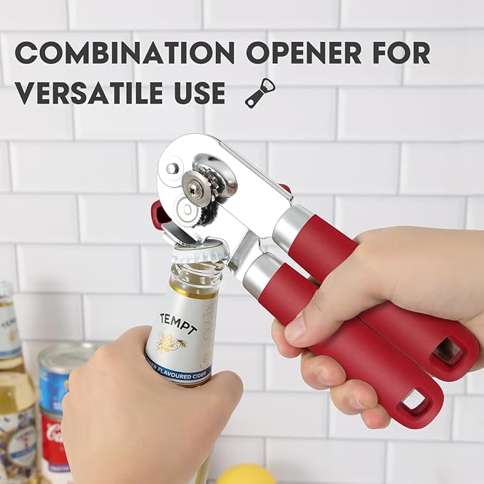 Manual Can Opener, UHIYEE Handheld Can Opener Heavy Duty with High Carbon Sharp Blade, Ease Can Open for Seniors with Comfort Grip Handles, Oversized Turn Knob, Red