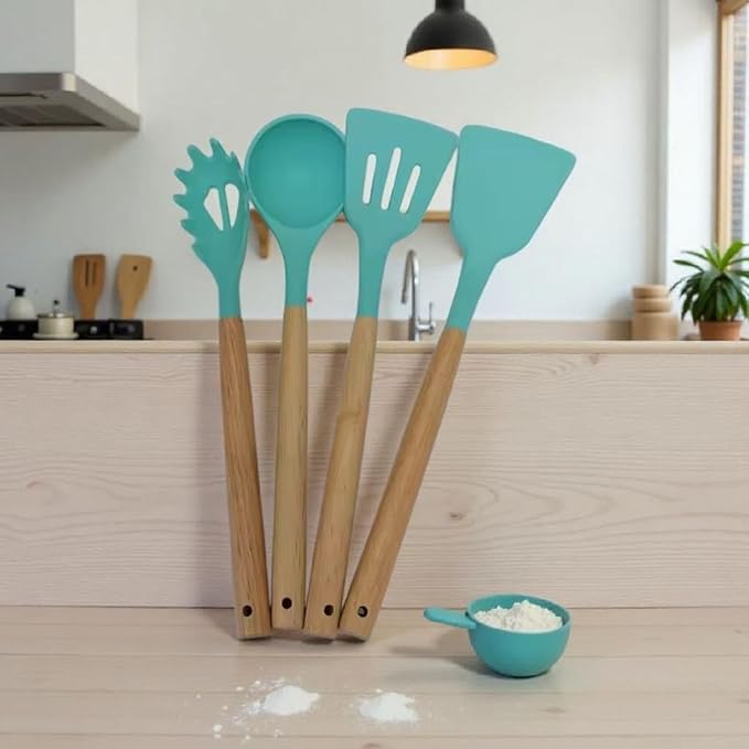 Silicone Cooking Spoons, 4-Piece Nonstick Utensil Set with Acacia Wood Handles - Heat-Resistant for Frying, Serving & Turning Spatula