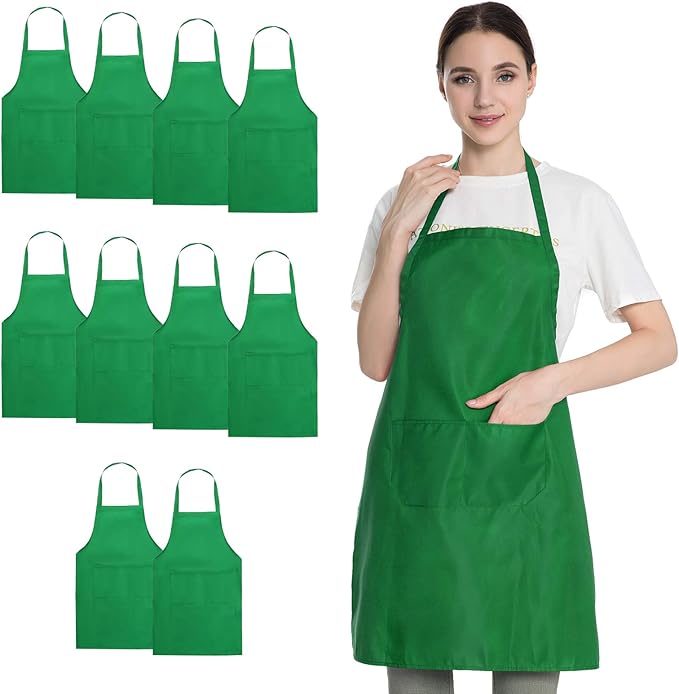 10 Pack Green Aprons Bulk for Women Men, Painting Baking Grilling BBQ Art Artist Cooking Kitchen Bib Apron with Pockets (10, Green)