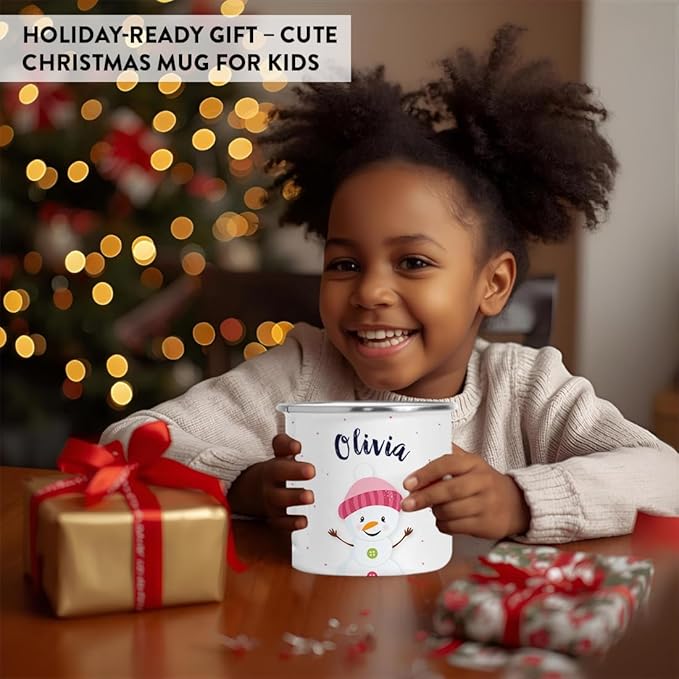 Andaz Press Personalized Name 11Oz. Kids Christmas Hot Chocolate Stainless Steel Campfire Coffee Mug, Charming Snowman Pink Hat Hello, 1-Pack, Custom Birthday Xmas Cup Hot Cocoa Mugs Christmas Mugs
