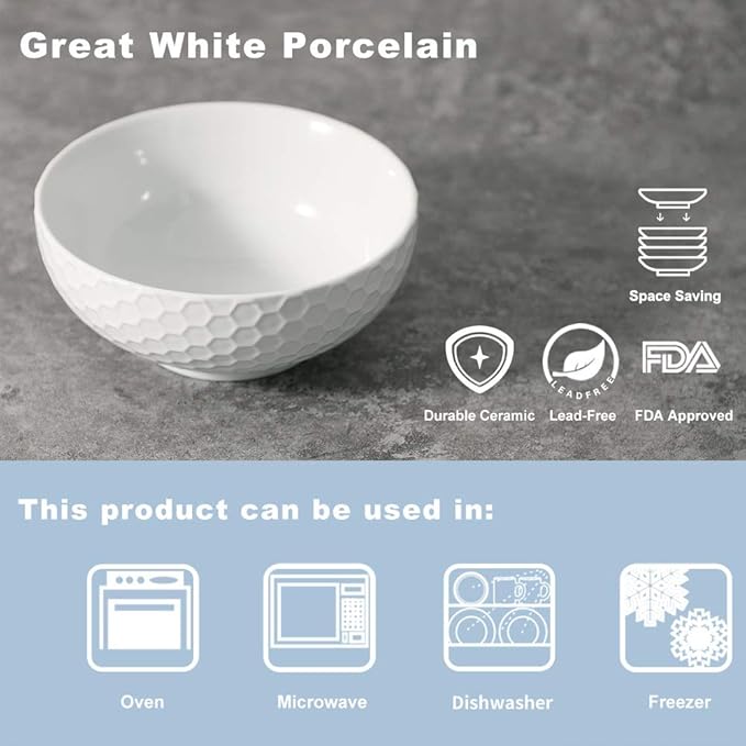 Cereal Soup Bowls, 20 Ounce White Bowls Set, Porcelain Bowls for Oatmeal, Rice, Salad, Pasta and Noodle, Set of 4 (6inch)