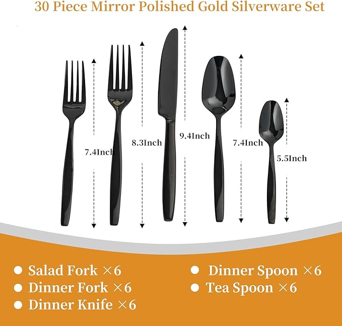 Black 30-Piece Silverware Set,Stainless Steel Flatware Utensils Cutlery Set for 6,Including Steak Knife Fork and Spoon,Dishwasher Safe,Modern Tableware for Home & Dining