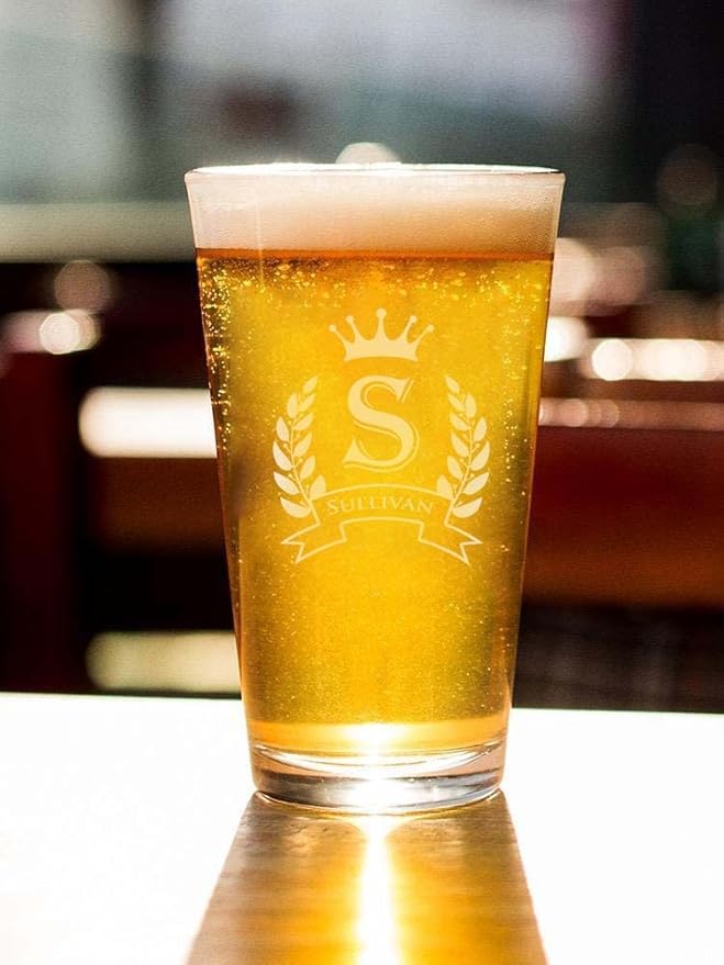 Custom Personalized Set of 4 Beer Glasses w/Grey Slate Coaster, Engraved Pint Glasses for Beer and Soda, Personalized Bar Coasters (4"x4") for Him