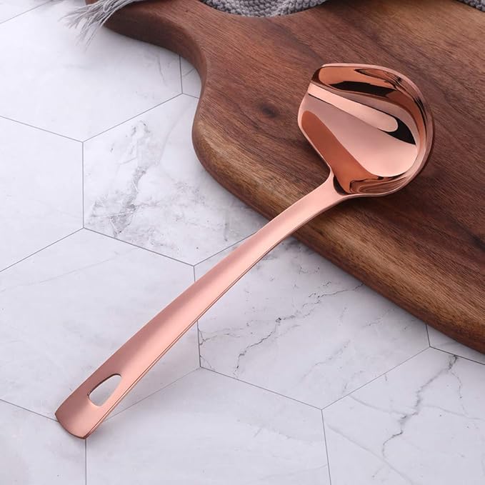 Sauce Ladle, BYEGOU Drizzle Spoon with Spout Gravy Soup Ladle, Stainless Steel Kitchen Utensil, Mirror Polish & Dishwasher Safe, 8.67 Inch, Rose Gold