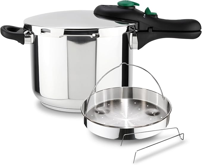 MAGEFESA DYNAMIC 6.3-Quart Fast Pressure Cooker Pack + Steam Basket, 18/10 Stainless Steel, Energy Efficient, Suitable for All Stovetops Including Induction