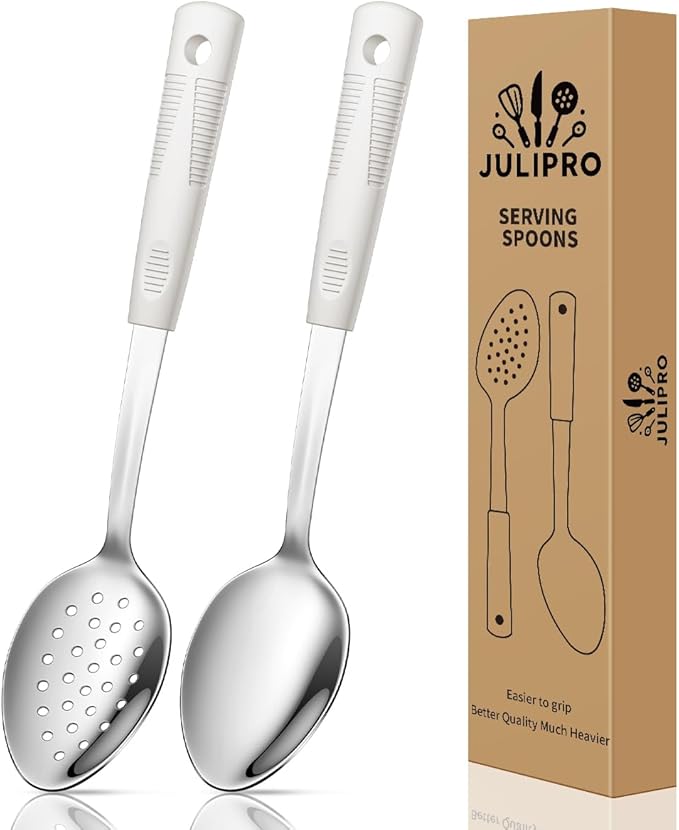 Stainless Steel Serving Spoons Set with Non-Slip Silicone Handles, 2-Piece Serving Spoon and Perforated Spoon, Home Kitchen, Parties & Daily Use – Beige