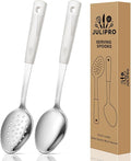 Stainless Steel Serving Spoons Set with Non-Slip Silicone Handles, 2-Piece Serving Spoon and Perforated Spoon, Home Kitchen, Parties & Daily Use – Beige