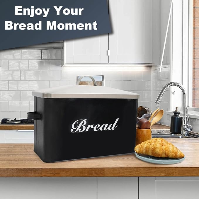SOTECH Vintage Metal Bread Box Farmhouse Decor Style Pantry Organization and Storage Container,Space Saving Black with Silver Breadbox-Rustic Kitchen Decor