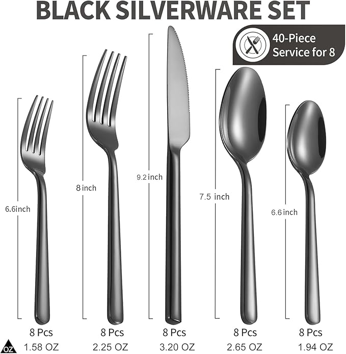 Black Silverware Set for 8, Heavy-Duty Stainless Steel Black Flatware Cutlery Set, Modern Round Handle Utensils, Dishwasher Safe for Home, Restaurant, Mirror Polished, 40-PCS