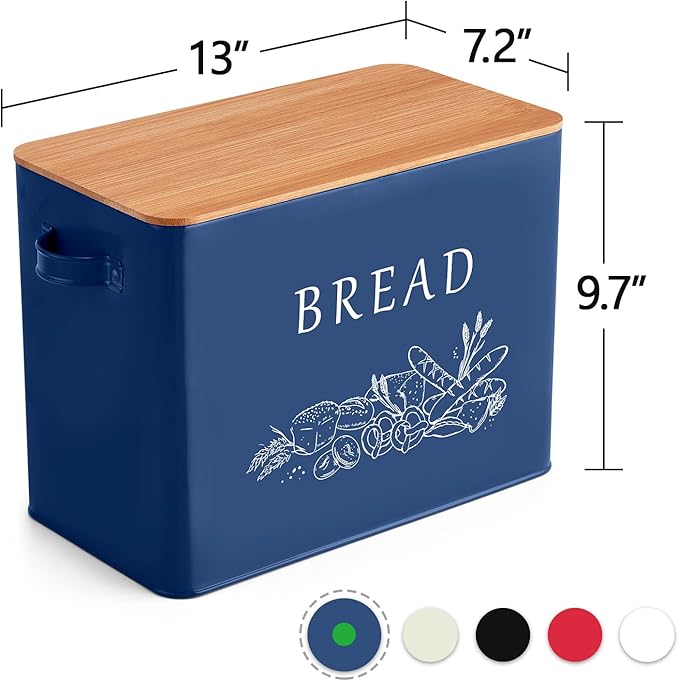 P&P CHEF Bread Box for Kitchen Counter, Metal Bread Storage Bin with Wooden Cutting Lid, Large Capacity for Holding 2+ Loaves, Retro Modern Style, Size 13” x 7.2” x 9.7”, Blue