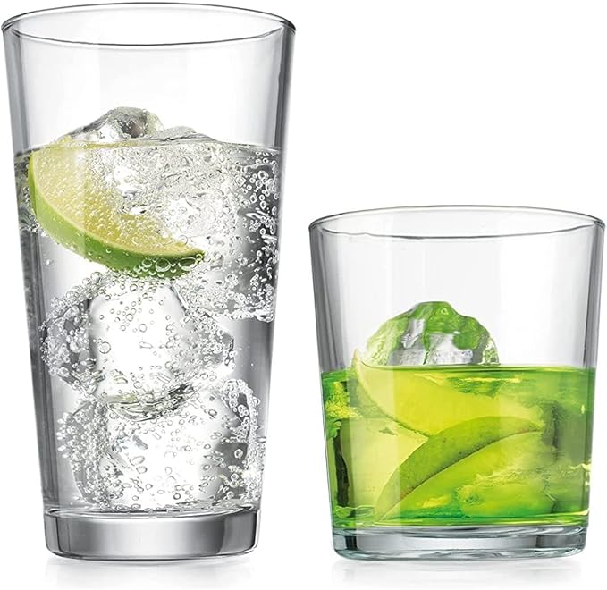 Glaver's Drinking Glasses Set of 12. Glassware set, 6 Highball Glass Cups, 6 Whiskey glasses. Classic Drinkware Set 17 oz Tall Glasses Set and 13 oz Rock Glasses.