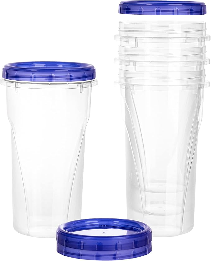 PLASTICPRO [48 oz 4 Pack] Twist Top Deli Containers Clear bottom With blue Top Twist on Lids Reusable, Stackable, Food Storage Freezer Container Pack of 4