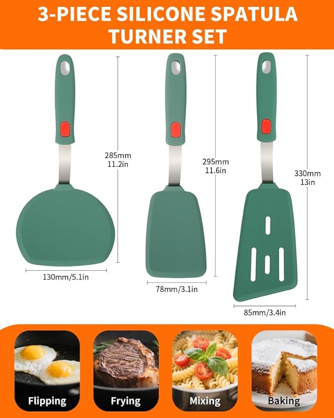 Brigii 3-Piece Silicone Spatula Turner,Heat Resistant,430 Stainless Steel Core, BPA-Free Kitchen Utensils Set for Cooking,Baking,Flipping,Dishwasher Safe(Dark Green)