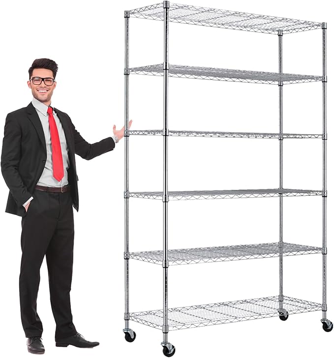 6 Tier Wire Shelving with Wheels, 2100lbs Storage Shelves Metal Shelves for Storage Rack, Adjustable Garage Shelf Heavy Duty Shelving Units Pantry Shelf Kitchen, (48"X18"X82", Chrome)