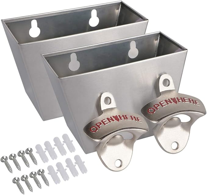 kilofly 2 SETS Beer Bottle Opener Cap Catcher Bucket Man Cave Gift Wall Mounted