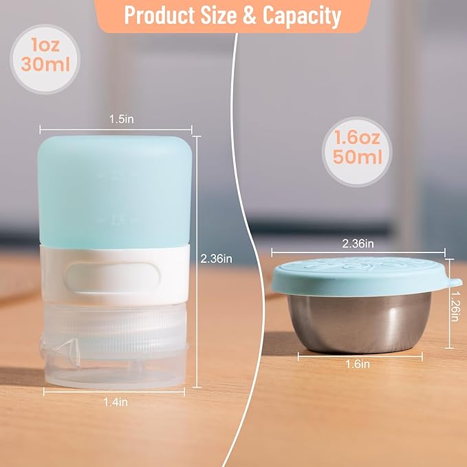 8-Pack Salad Dressing Container To Go, 1-oz Silicone Small Condiment Squeeze Bottles and 1.6 oz Stainless Steel Sauce Containers Cups, Leakproof Condiment Containers with Lids for Lunch Box