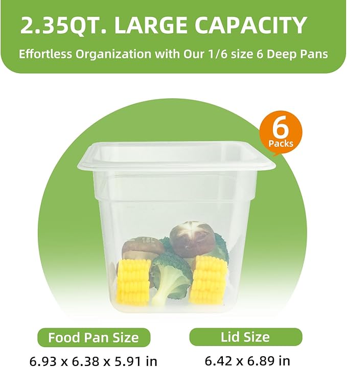 6-Pack Food Pan with Lids, 1/6 Size Food Storage Containers for homes, schools, restaurants, hotels Meal Prep, -40℉-160℉, Stackable, Freezer-Safe (1/6 size 6 inch deep, 2.22L/2.35QT)