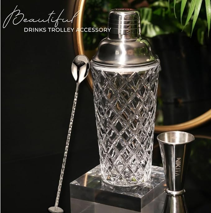 Glass Cocktail Shaker Set - 5 Piece - Silver Martini Shaker Set with Strainer, Jigger, Spoon & Muddler - 16 oz Drink Shakers Cocktail - Ideal Gift for Home Bar & Drink Trolley Décor
