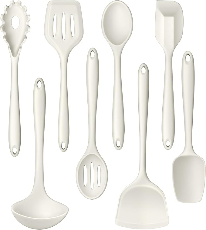 LIANYU 8Pcs Kitchen Cooking Utensils Set, Silicone Utensil Sets, Heat Resistant Kitchen Gadgets Essentials for Nonstick Cookware with Spatula, Spoon, Tuner, Ladle, Dishwasher Safe, White