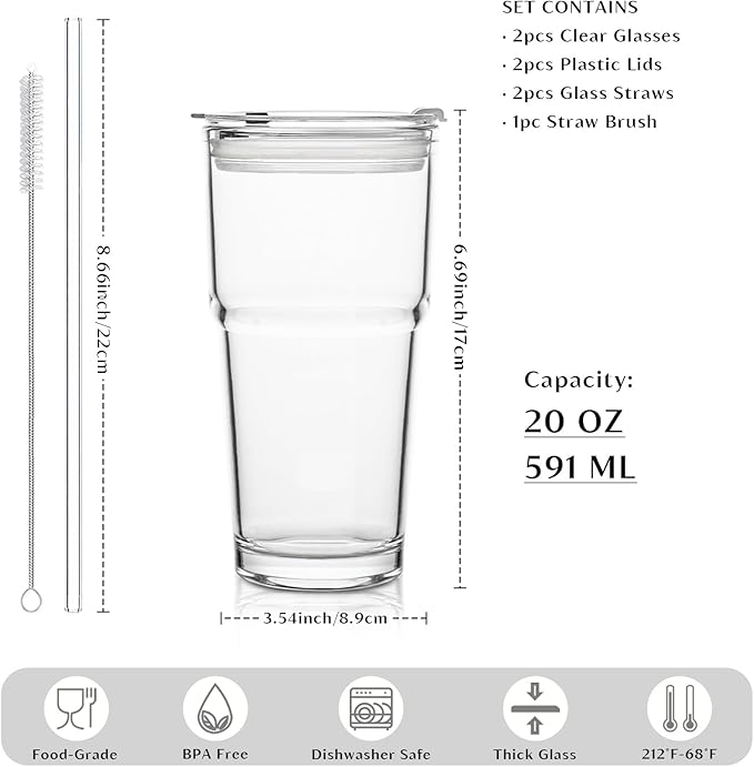 INSETLAN 20oz Clear Glass Cup with Lid and Glass Straw, Set of 2 Thickened Glass Coffee Tumblers, Drinking Glasses with Straw for Smoothie, Tea, Milk, Whiskey, Water and More – Elegant & Durable
