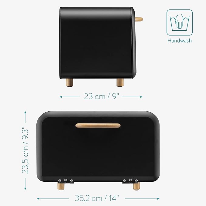 Navaris Bread Box - Metal Bread Bin Storage Tin with Front Opening Drop Down Door for Kitchen Counter or Shelf - Breadbox Storage Container - Black