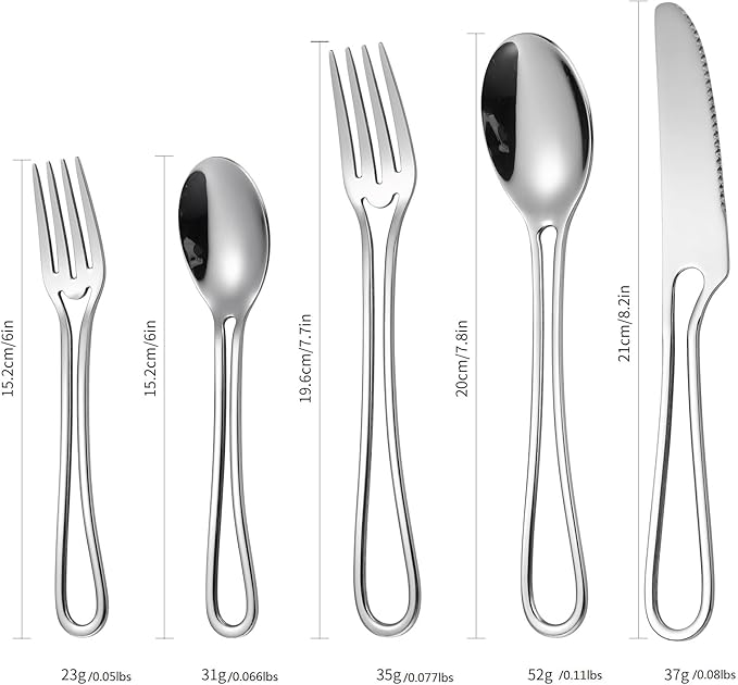 Silvery Flatware Set 4 Hollow Out Cutlery Stainless Steel Silverware 20 Pieces Forks Spoons and Knives Kitchen Utensils Hanging Handle Durable