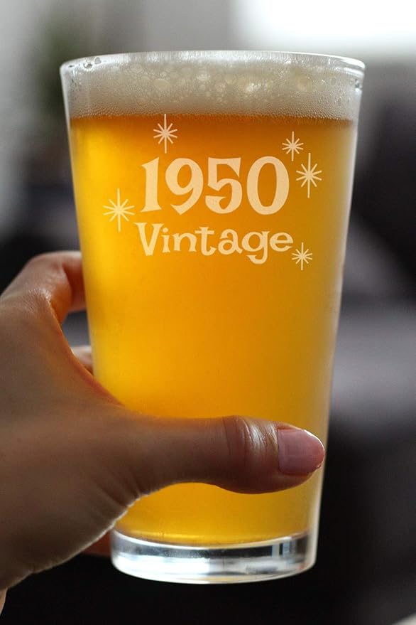 Vintage 1950 Pint Glass for Beer - 75th Birthday Gifts for Men or Women Turning 75 - Fun Bday Party Decor - 16 oz