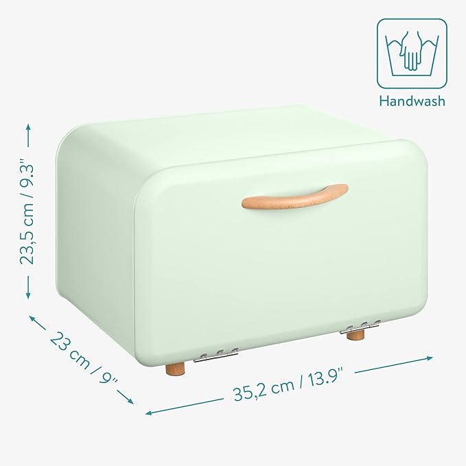 Navaris Bread Box - Metal Bread Bin Storage Tin with Front Opening Drop Down Door for Kitchen Counter or Shelf - Breadbox Container - Mint Green
