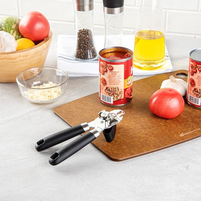 Restaurantware Comfy Grip 7.6 x 1.9 x 2.1 Inch Can Opener 1 Durable Manual Can Opener - Sharp Wheel Blade Grip Handle Black Stainless Steel Hand-Held Can Opener Built-In Bottle Opener