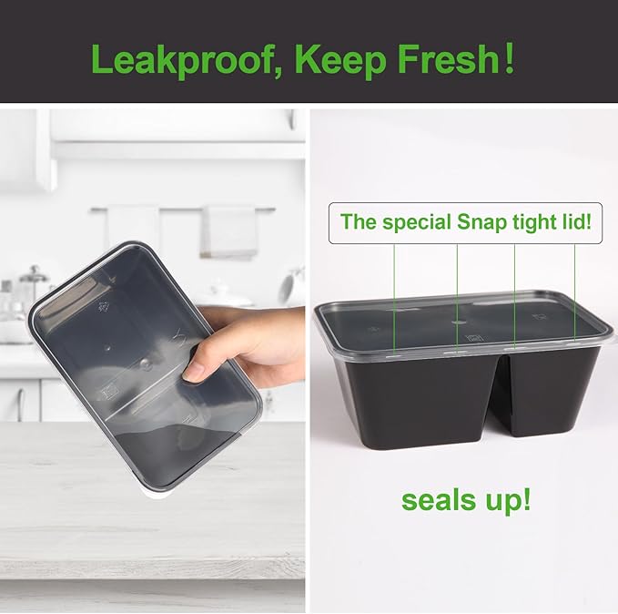 10 Pack 28 oz Meal Prep Containers Reusable with Lids, 2 Compartment Food Storage Containers To Go for Lunch Microwavable, Disposable Plastic Box to Take out, Freezer and Dishwasher Safe