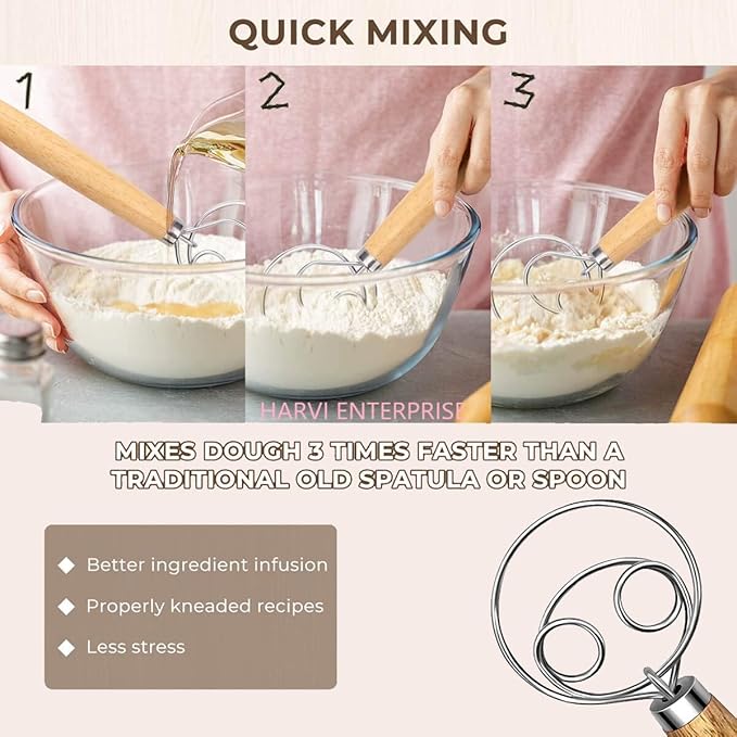 Danish Dough Whisk and Dough Hook - Stainless Steel Dutch Style Wooden Handle for Sourdough, Bread, Pastry Dough Mixing Tools