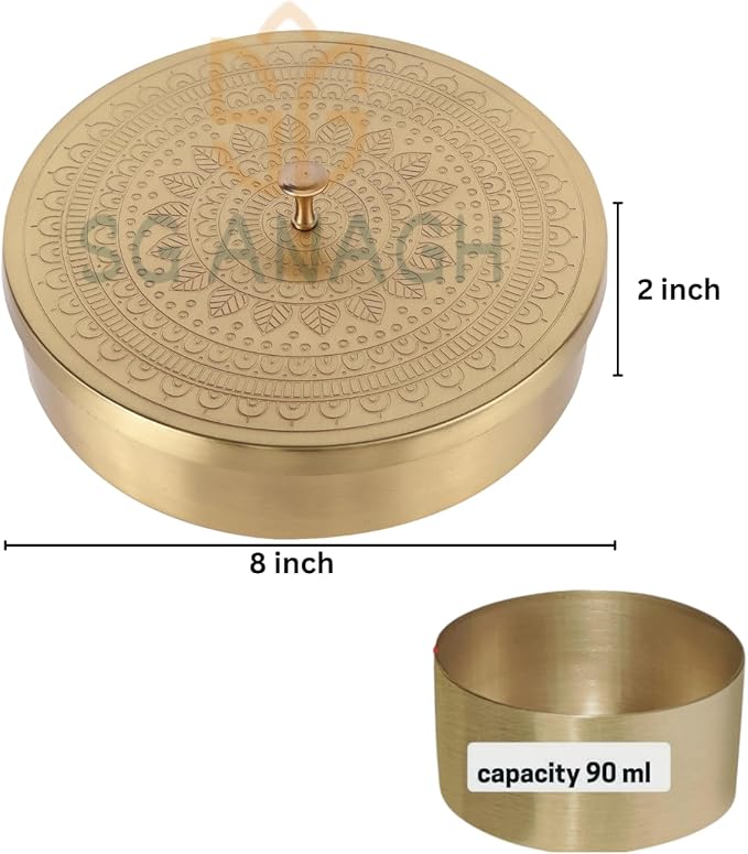 Brass Round Spice Box Masala Dabba-Spice Box Set With Spoon Container 90 ML Indian Masaladanni for Kitchen Counter 8 Inch With Spoon (Mandala,8 Inch)