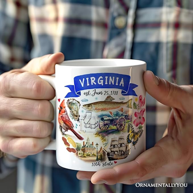 OrnamentallyYou State Travel Landmark Mugs – 12 oz Ceramic Coffee Cups, U.S. Souvenir Gift for Tourists (Artistic Virginia State Themes and Landmarks Mug)