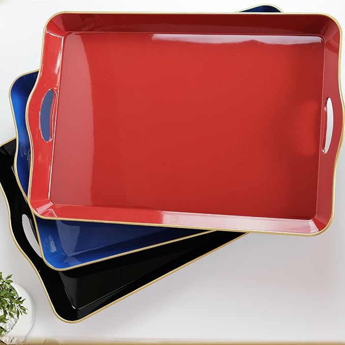 Spsyrine Large Blue Serving Tray with Handles, Plastic Decorative Tray for Coffee Table, Ottoman, Bathroom, Home Decor 17.3"*11.8"*2"