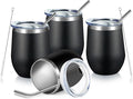 COMOOO 12oz Stainless Steel Wine Tumbler with Lid and Straw, Double Wall Vacuum Insulated Wine Tumbler Cup for Hot and Cold Drinks, Wine, Coffee, Champaign, Black, 4 Pack