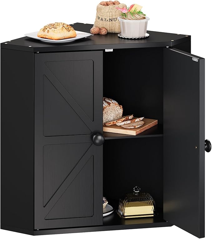 Corner Bread Box for Kitchen Counter Double Layer Bamboo Bread Storage Container Large Capacity Bread Storage Bin Farmhouse Breadbox Organizer (Black)