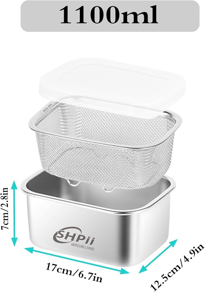 Square Colander Set,304 Stainless Steel with PE Lid,Storage Container,Prep,Tofu Drainer,Shellfish Drainer,Back of House Preparation,Refrigerator Storage,Picnic Party (1100ML)