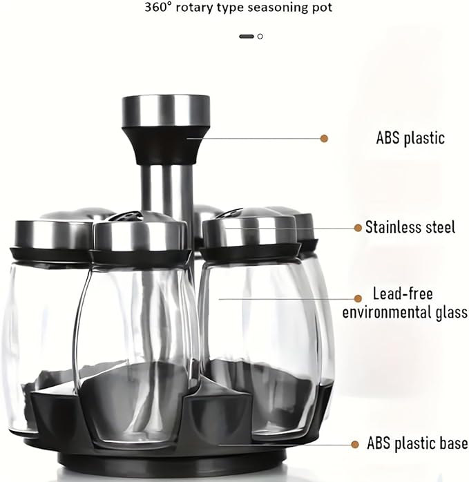 360° Rotating Spice Rack, 6PC Spinning Glass Spice Jars Suitable for kitchen countertops, spice storage, cooking, outdoor BBQ,(Spices Not Included)