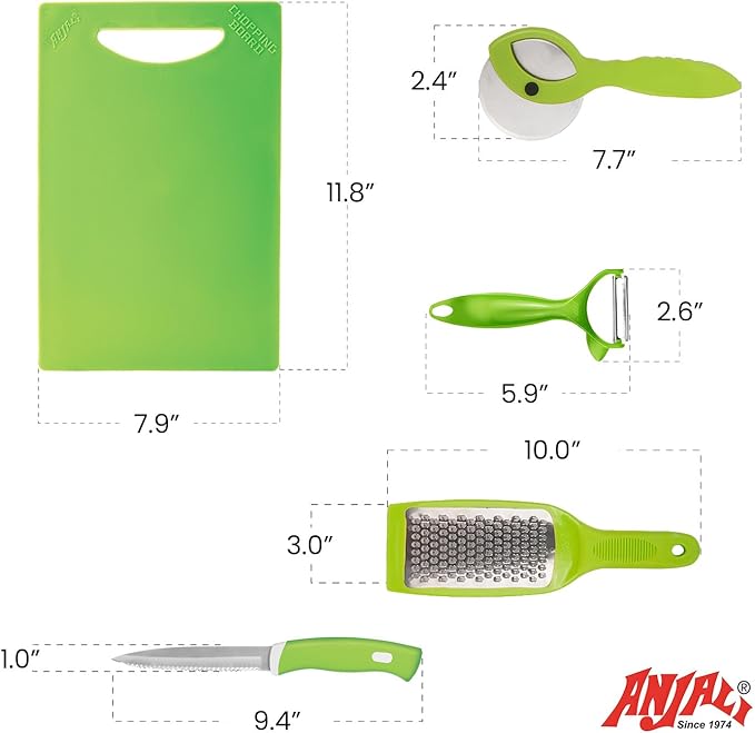 Anjali 5-Piece Kitchen Tool Set – Chopping Board, Cheese Grater, Peeler, 9" Utility Knife & Pizza Cutter | Essential Cooking Tools for Slicing, Peeling, Grating & Cutting