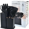 19 Piece Kitchenware Utensils and Knife Set- includes: 9 Piece Silicone Cooking Utensils- 5 Piece Sharp Stainless Steel Chef Knives- Scissors -Whisk Tongs and Cutting Board (Black)