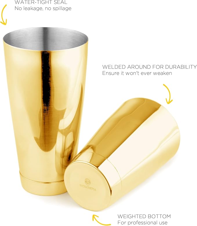 Homestia Boston Cocktail Shaker Set, 18 oz & 28 oz Stainless Steel Weighted Shaker Tins, Metal Martini Shaker Drink Mixer for Bartending, Professional Bar Tools for Bartender (Gold)