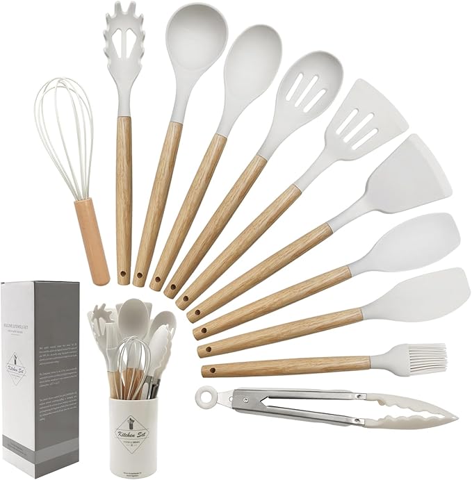 Kitchen Utensils Set of 12, Silicone Cooking Utensils with Non-Slip Wooden Handle and Organizer Bucket, 446°F Heat Resistant Cookware Utensils Set (Cream White)